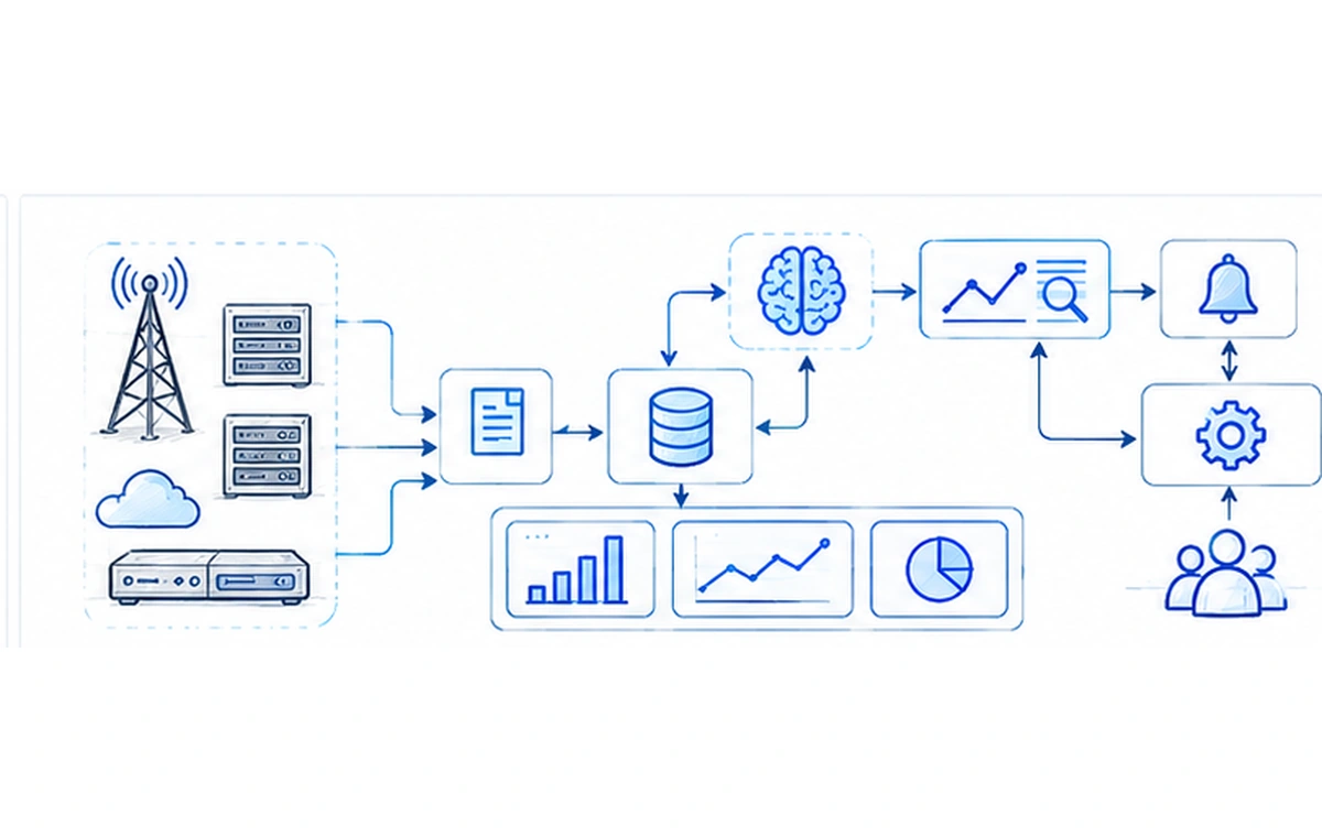 Hand-drawn telecom observability architecture showing operational systems feeding telemetry into monitoring, anomaly detection, alert prioritisation, and automated response