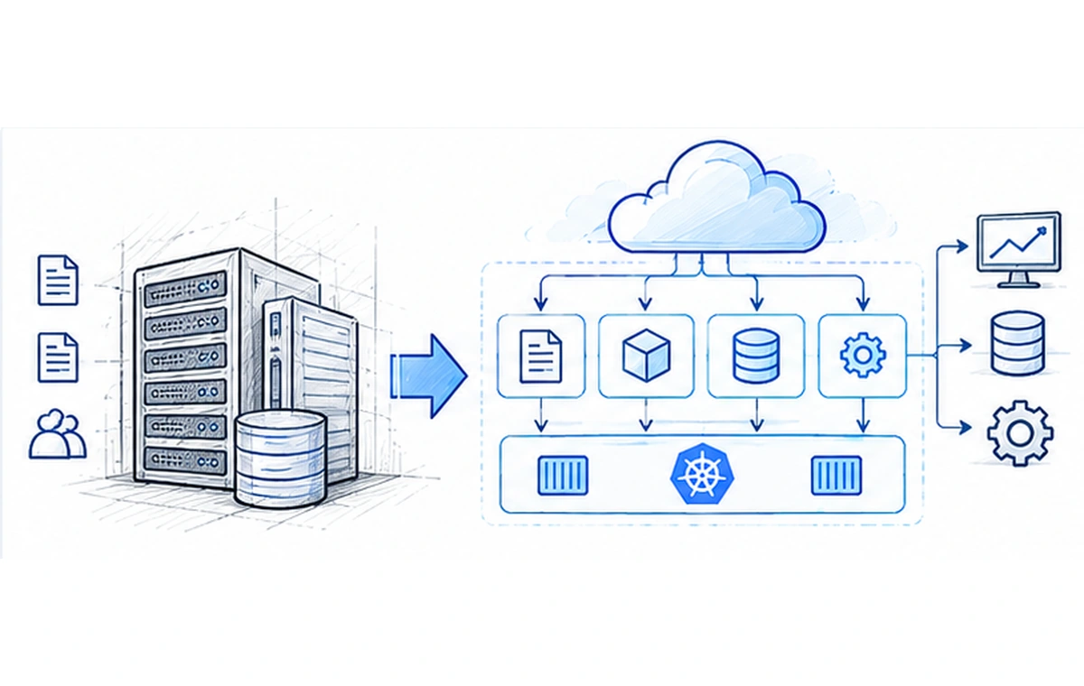 Hand-drawn billing modernization sketch showing legacy billing transforming into modular billing, rating, charging, and catalog services on cloud-native infrastructure