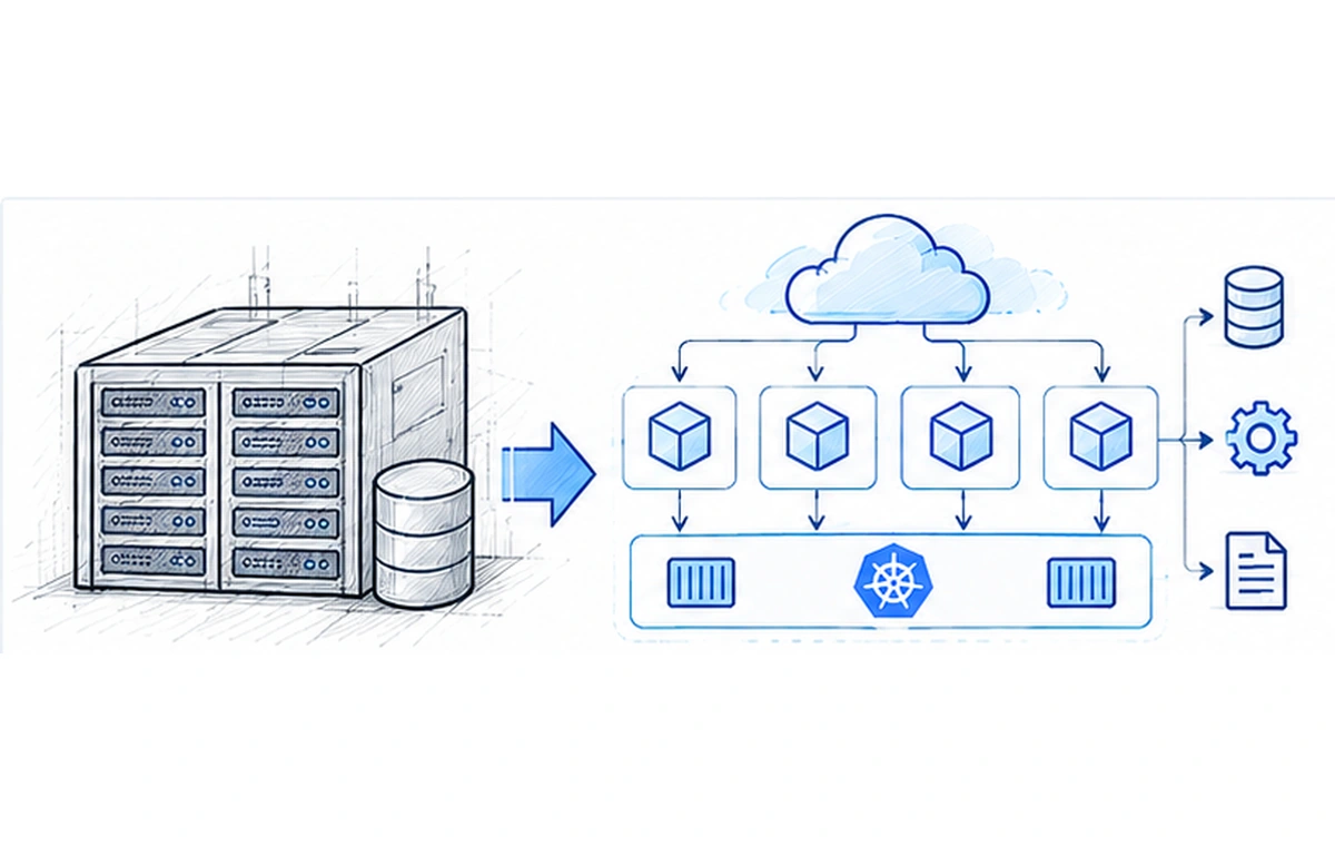 Hand-drawn monolith-to-microservices sketch showing a telecom monolith transforming into independent microservices on Kubernetes
