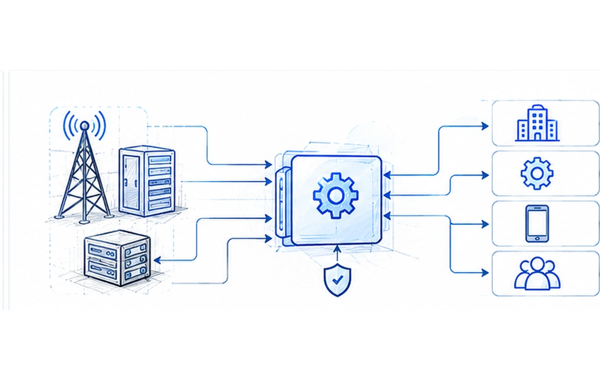 Hand-drawn telecom network API integration sketch showing network capabilities exposed through an API gateway to enterprise partners