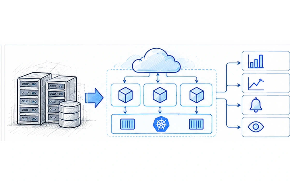 Hand-drawn legacy OSS modernization and observability sketch showing cloud-native services connected to monitoring, metrics, alerting, and operational visibility