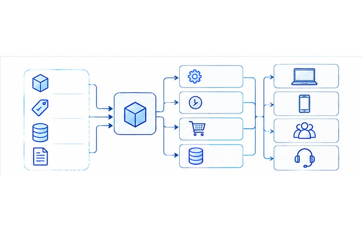 Hand-drawn telecom product catalog and digital engagement architecture showing plans, pricing and bundles connected to ordering and customer self-service channels