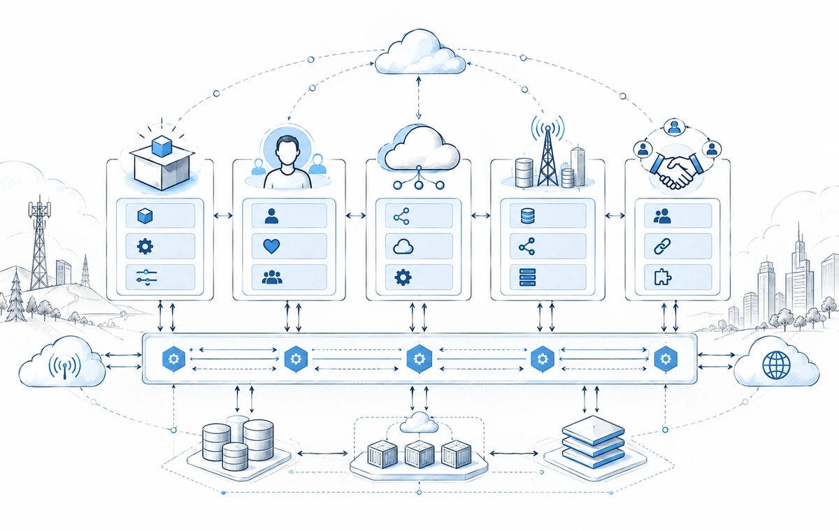 Standards-aligned telecom API architecture sketch showing Product, Customer, Service, Resource and Partner domains connected through standardized APIs